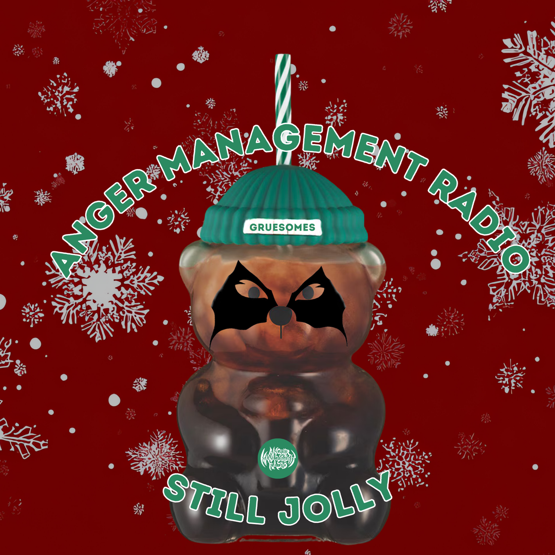 A Glass Bear with Metal Facepaint with the Anger Management Radio logo