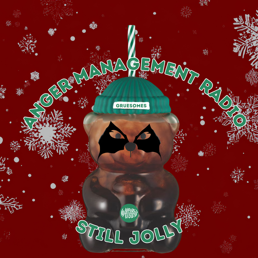 A Glass Bear with Metal Facepaint with the Anger Management Radio logo