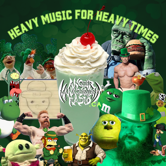 Anger Management Radio logo on a green milkshake surrounded by green characters